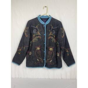 Denim & Co.‎ Jacket Women's Medium Black Paisley Print Cotton Button Embroidered